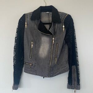 Paris Hues Black Denim & Lace Moto Jacket Cropped Size Small